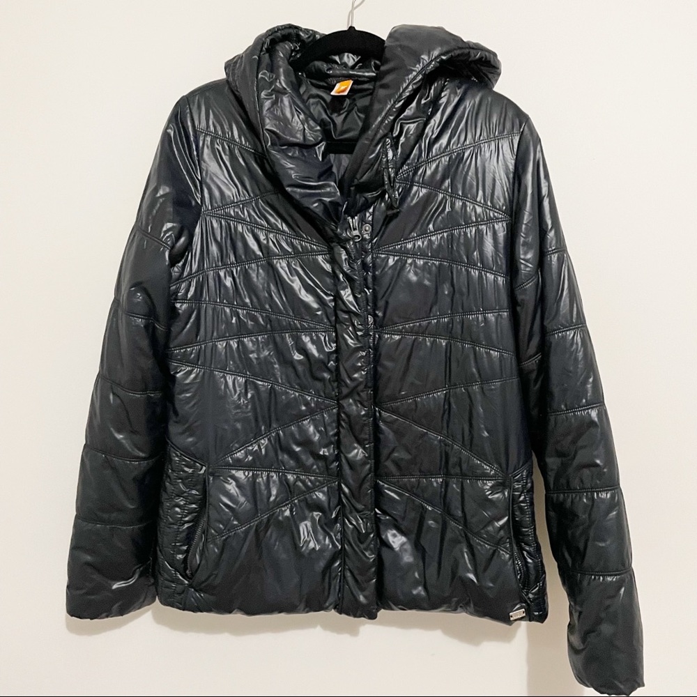 Lucy Black Full Zip Button Puffer Coat Hoodie Size XL